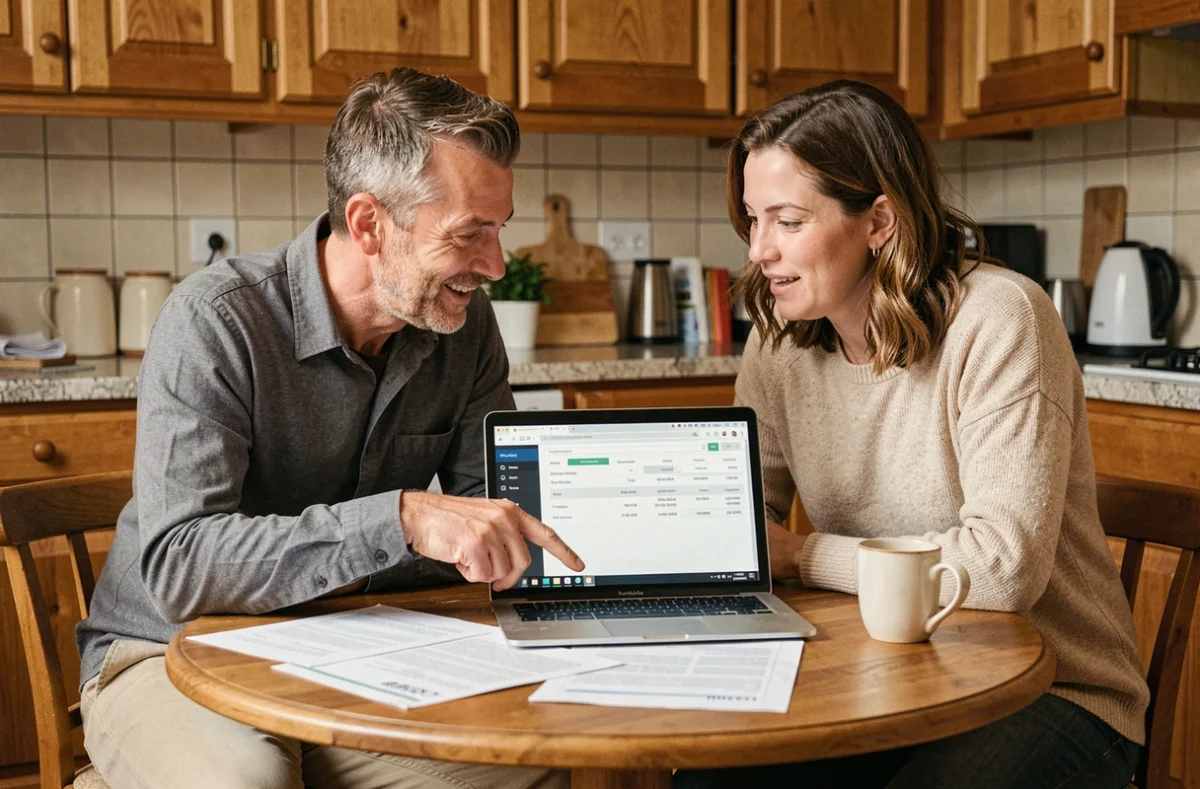Couple consultant un outil d'estimation immobilière en ligne ensemble autour d'une table de cuisine avec des documents immobiliers