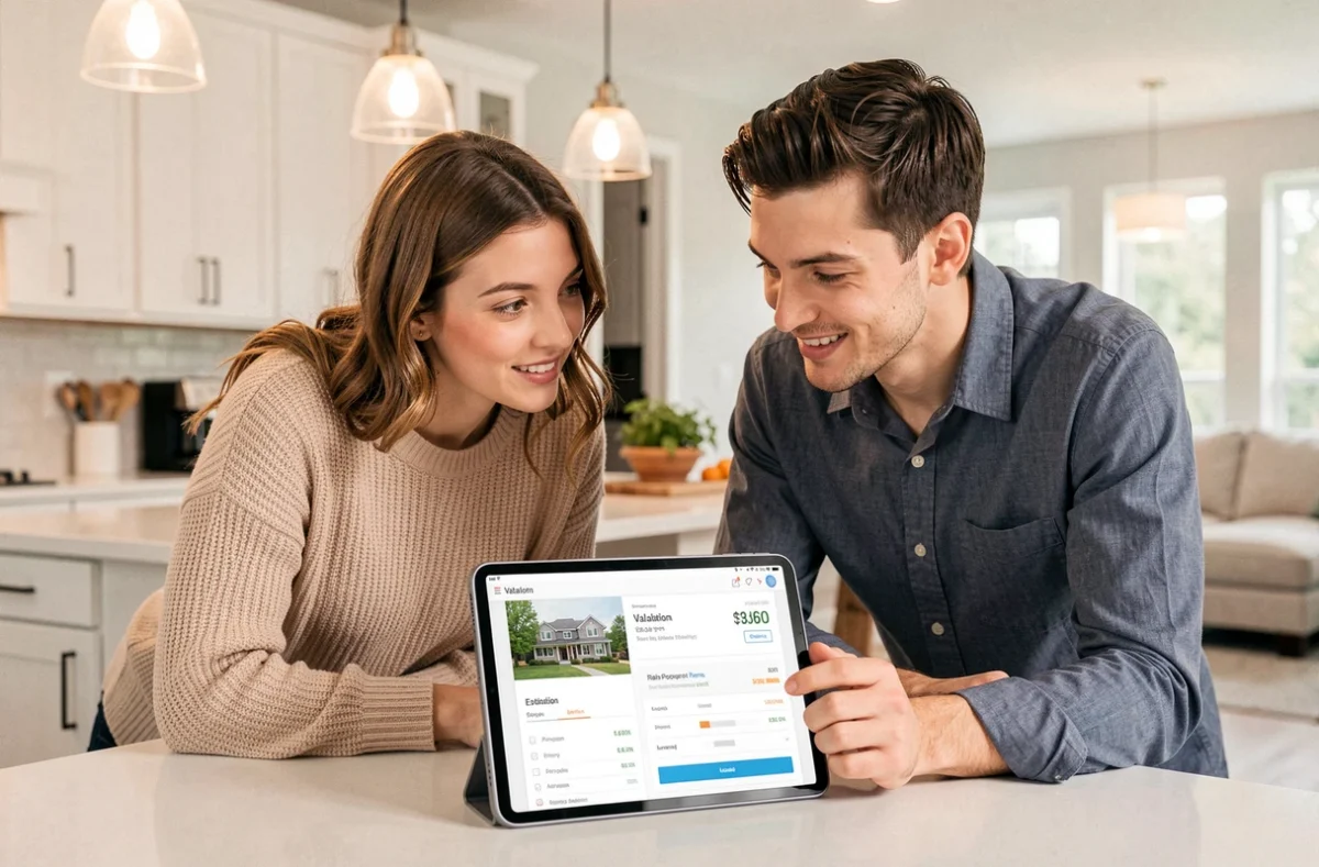 Couple consultant un logiciel d'estimation immobilière sur tablette dans leur cuisine pour évaluer leur bien