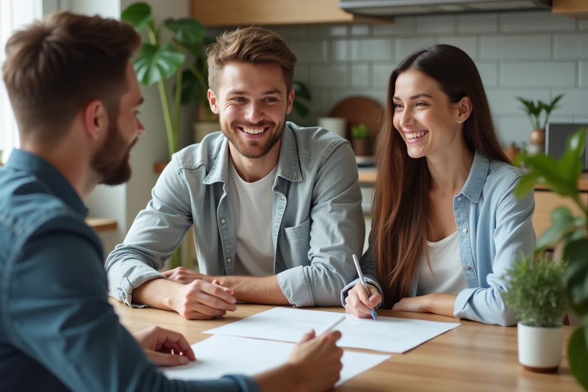 Jeune couple souriant examinant un contrat avec un agent immobilier