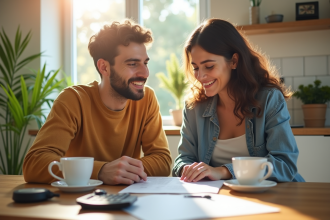 Jeune couple souriant examinant des documents de prêt immobilier