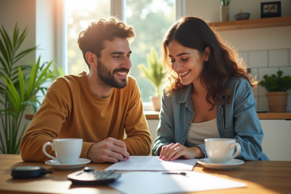 Jeune couple souriant examinant des documents de prêt immobilier