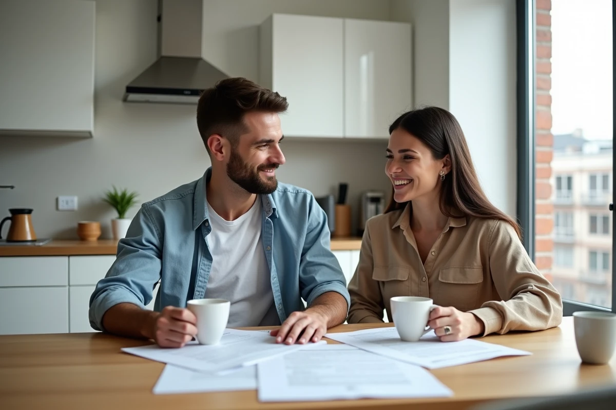 Couple de copropriétaires étudiant les documents du registre de copropriété à leur table de cuisine avant une revente immobilière