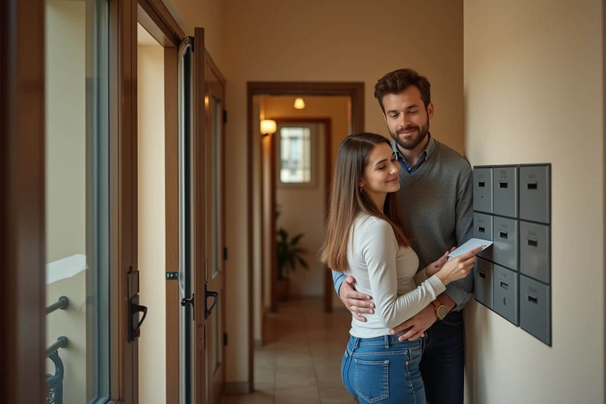 Couple déposant une lettre de préavis dans une boîte aux lettres de résidence en quittant leur appartement