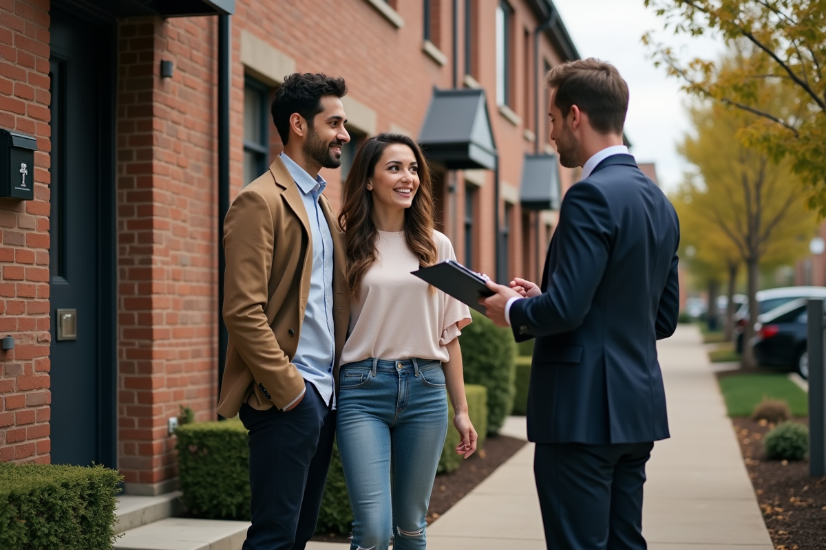 Jeune couple discute assurance avec un agent à l