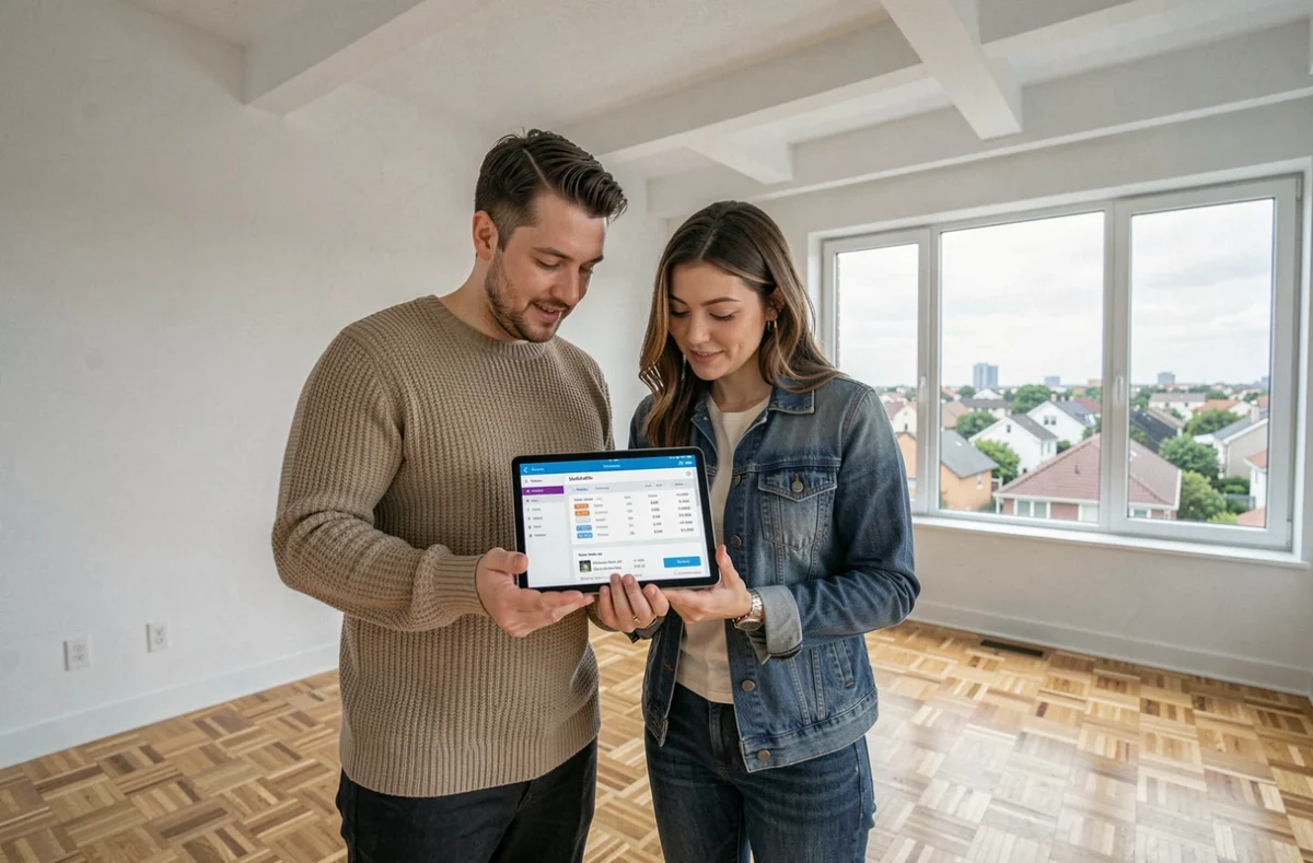 Couple visitant un appartement vide et consultant un outil d'estimation immobilière sur tablette