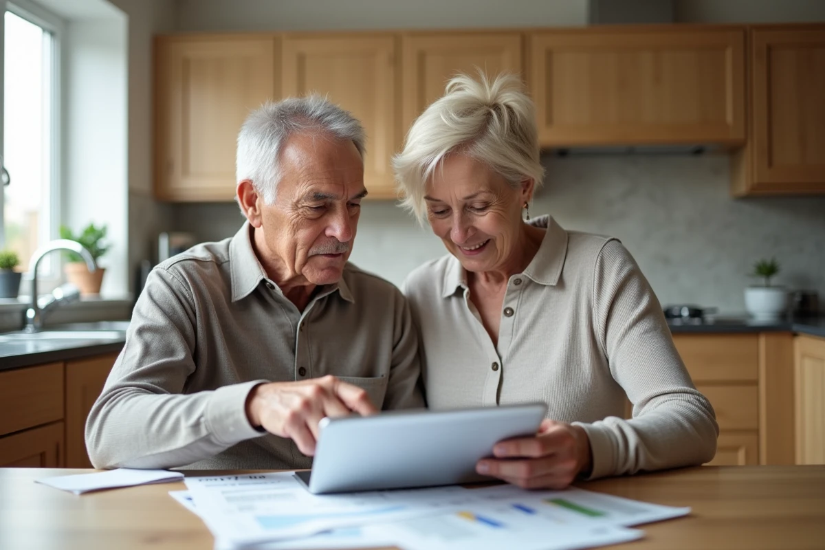 Couple examinant une estimation de valeur immobilière en ligne sur tablette et documents imprimés dans une cuisine moderne