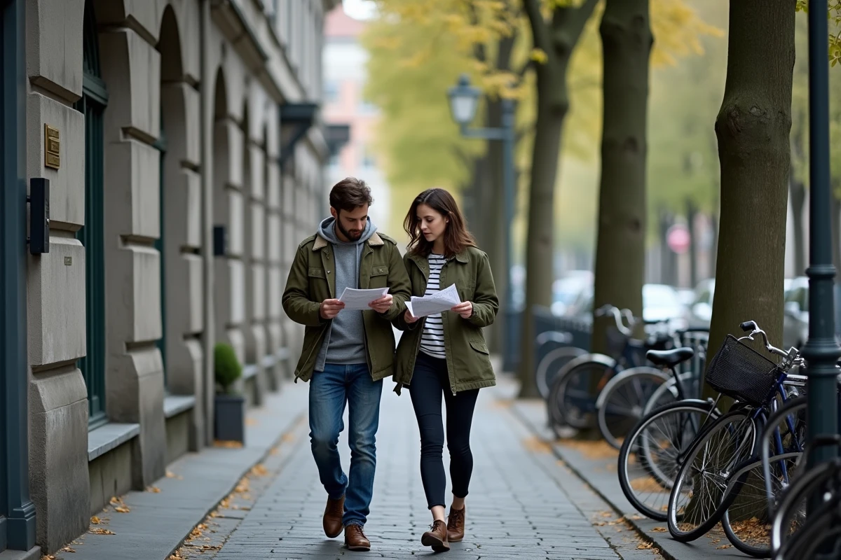 Couple français cherchant un appartement en location longue durée dans une rue résidentielle de Berlin Mitte avec immeubles Gründerzeit