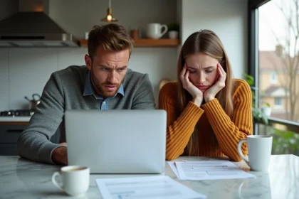 Couple inquiet avec documents immobiliers et ordinateur