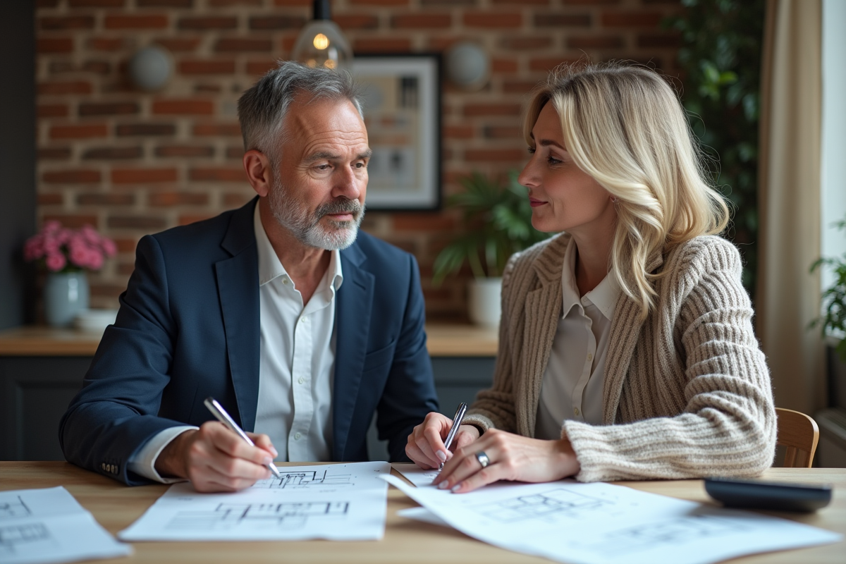 Couple discutant de plans architecturaux dans un appartement rénové