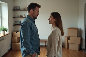 Couple d'âge moyen dans un salon moderne en tension