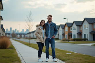 Jeune couple dans un quartier résidentiel moderne