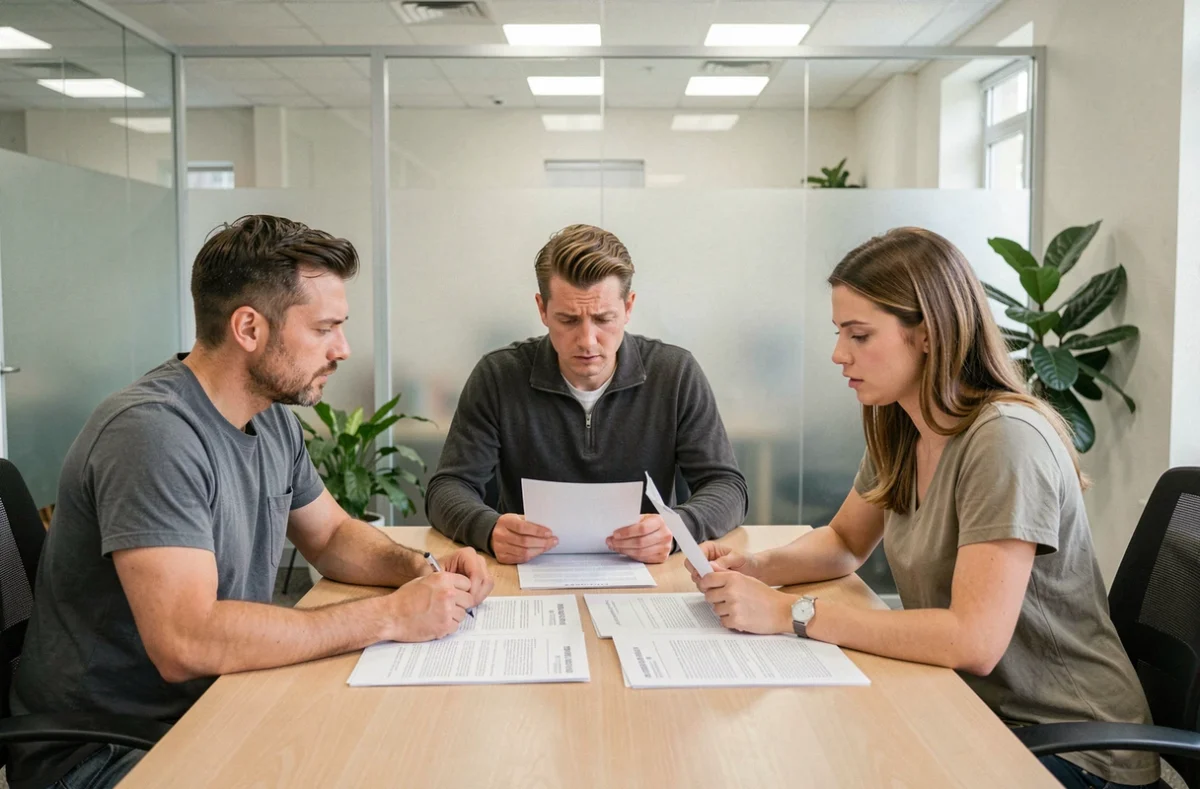 Couple discutant des pièges juridiques d'un contrat de location-vente avec une notaire
