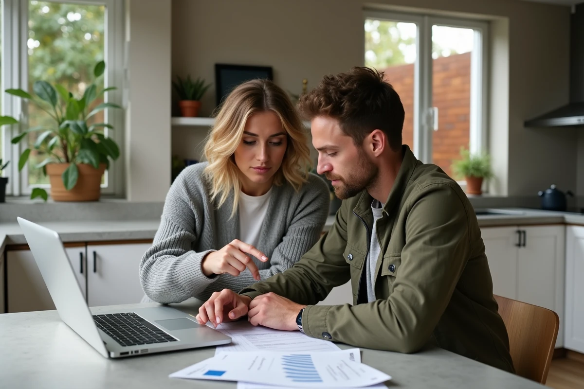 Couple de propriétaires analysant ensemble des candidatures de locataires sur un ordinateur portable dans une cuisine moderne
