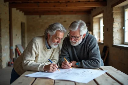 Couple rénovant une longère normande avec plans et outils