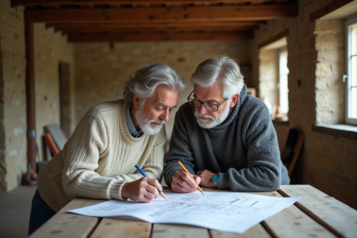 Couple rénovant une longère normande avec plans et outils