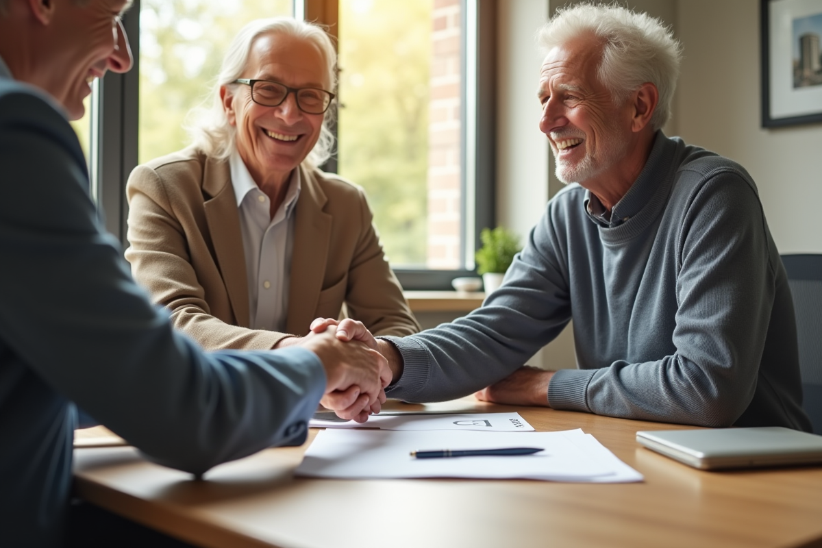 Couple senior souriant serrant la main d un conseiller avec document scpi