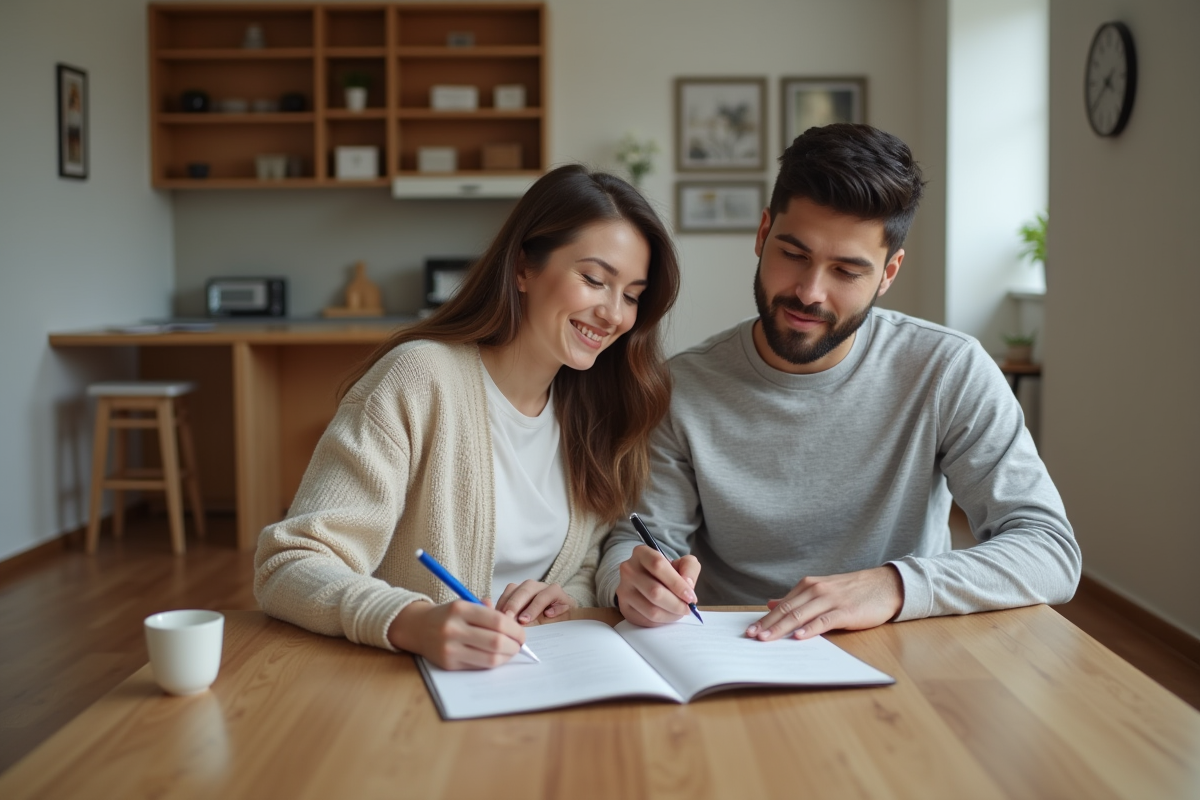 Jeune couple signant un contrat de location dans un appartement moderne