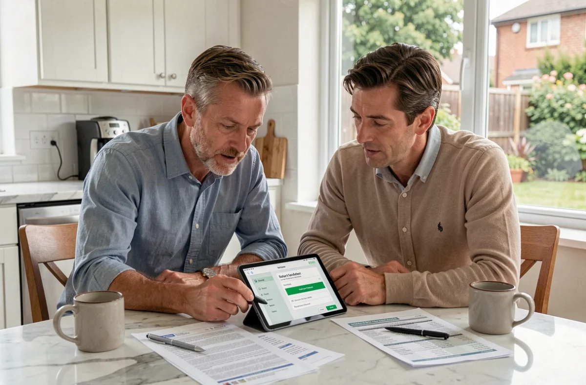 Couple analysant une simulation de frais de notaire sur tablette pour préparer leur achat immobilier