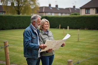 Couple souriant avec plan du terrain en main