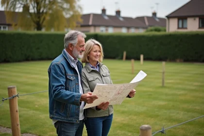 Couple souriant avec plan du terrain en main