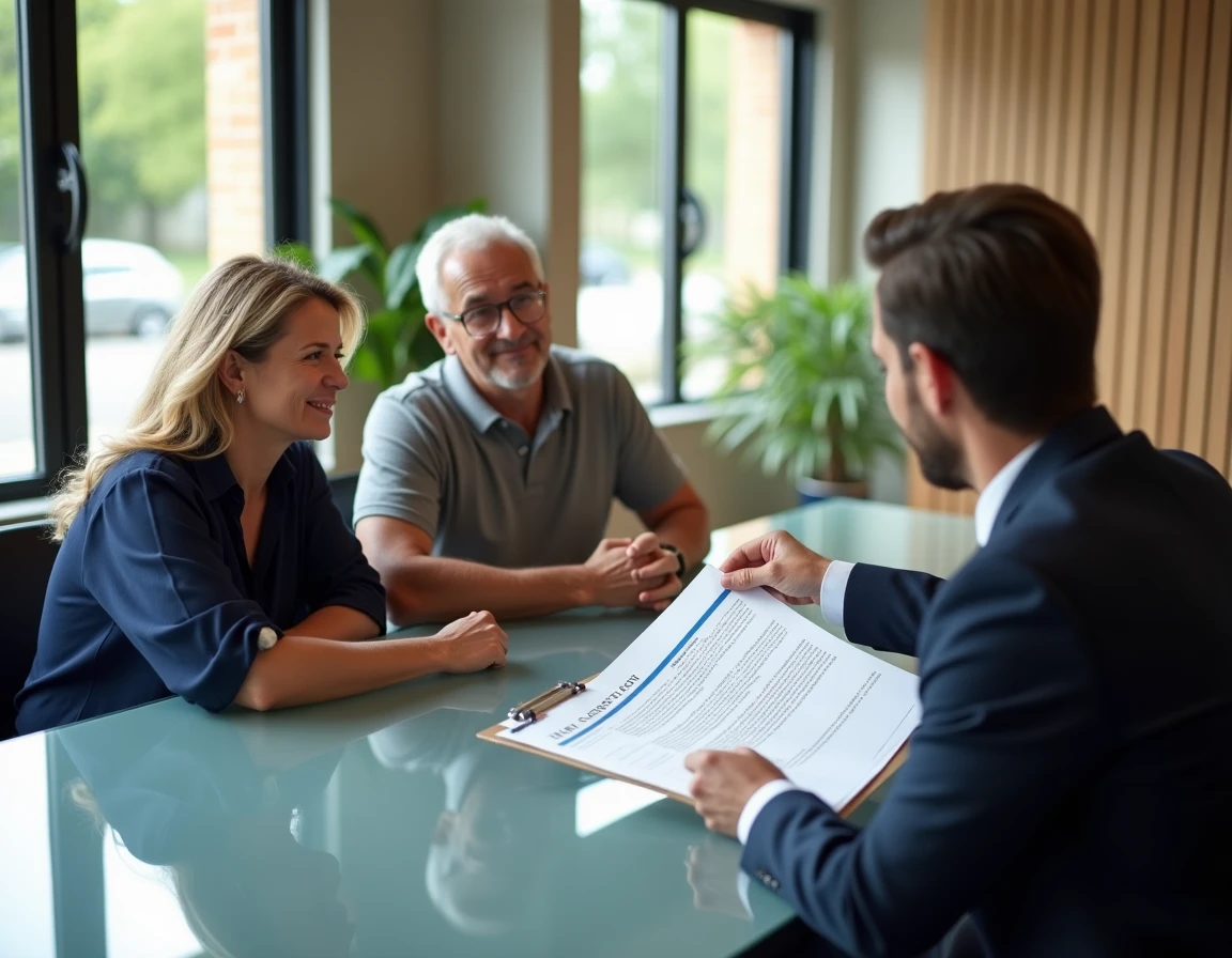 Couple de vendeurs discutant d'un contrat de cession de parcelle PRL avec un agent immobilier en Vendée