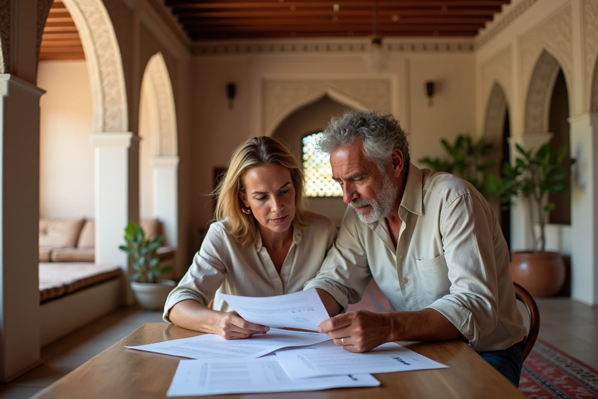 Couple vérifiant les documents juridiques avant la signature d'un achat de riad en famille à Marrakech