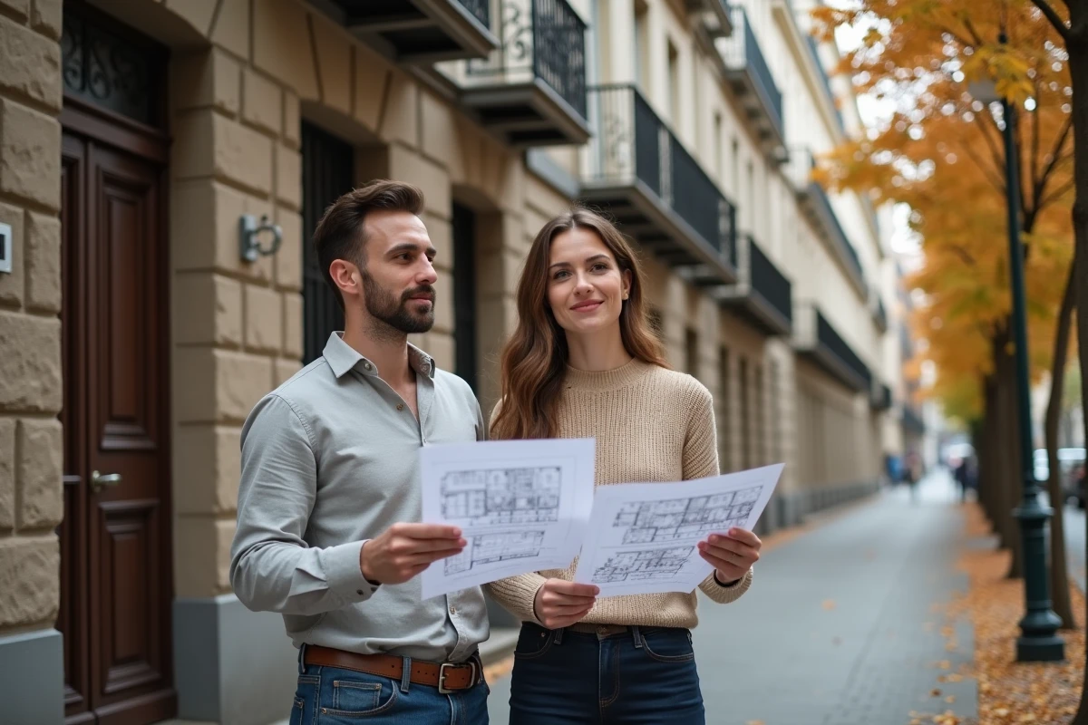 Couple examinant un immeuble résidentiel rénové dans une rue urbaine arborée pour un projet d'investissement immobilier
