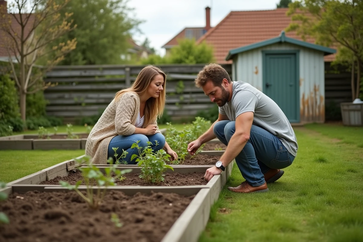 Couple visitant le jardin d'une maison à vendre à Beauvais, inspection des extérieurs