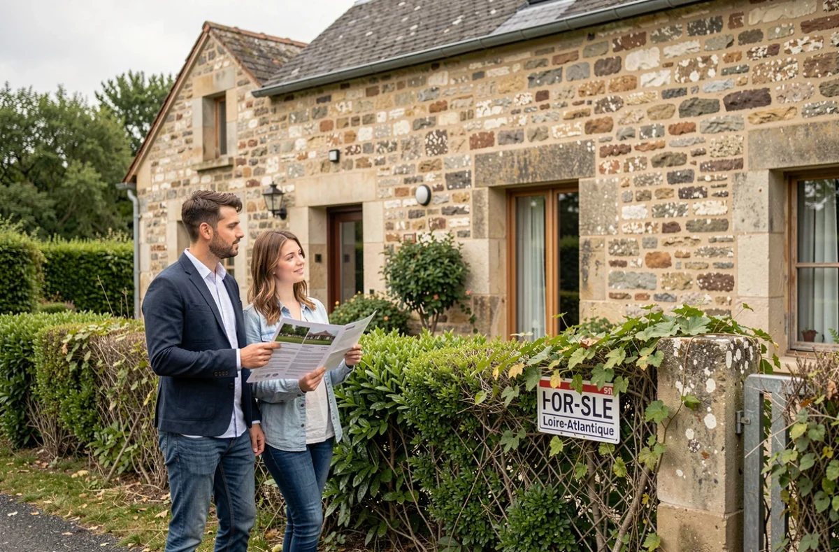 Couple visitant une maison en pierre à vendre cause divorce en Loire-Atlantique avec panneau de vente