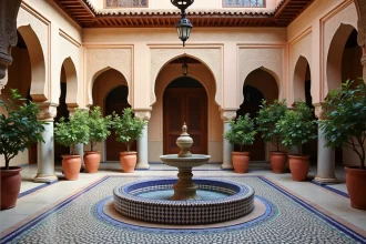 Cour intérieure d'un riad traditionnel marocain avec fontaine en zellige et arcades en stuc sculpté dans une médina