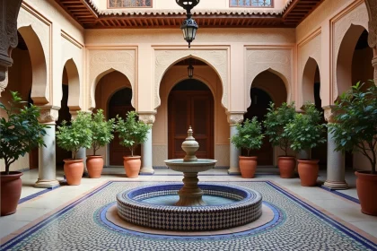 Cour intérieure d'un riad traditionnel marocain avec fontaine en zellige et arcades en stuc sculpté dans une médina