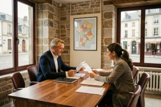 Un courtier immobilier professionnel conseille un couple dans un bureau moderne de Bourgogne-Franche-Comté