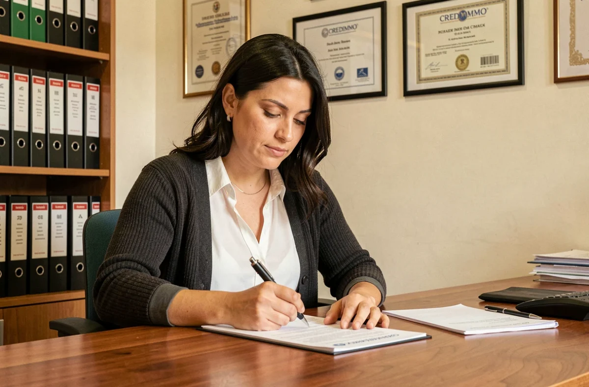 Conseillère CREDIMMO annotant un dossier de crédit immobilier dans son bureau à Dijon