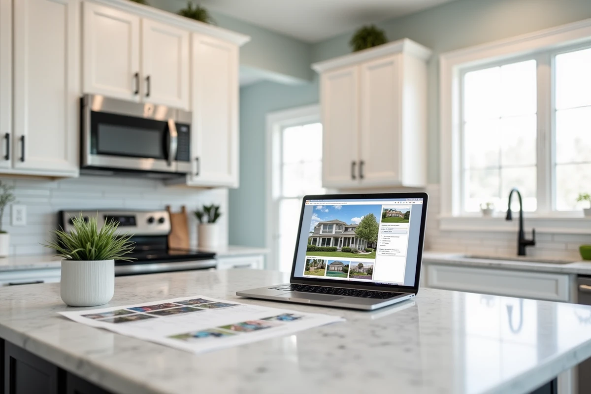 Cuisine moderne et lumineuse mise en valeur avec des photos immobilières classiques et une interface de visite virtuelle pour maximiser le prix de vente