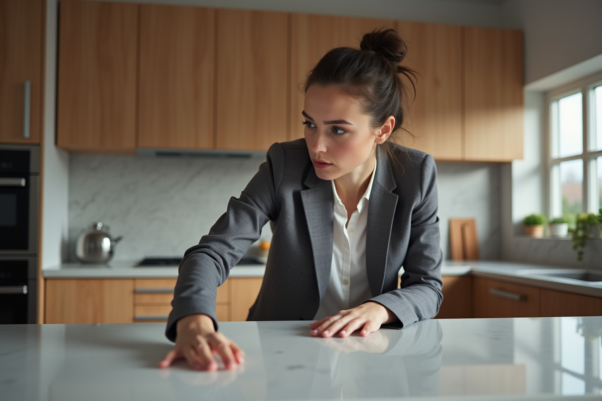 Jeune designer examinant un plan de travail Dekton dans une cuisine contemporaine