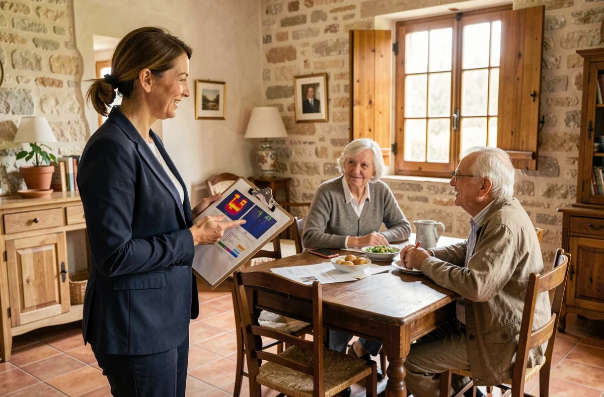 Conseillère en audit énergétique Destenay Christine présentant un rapport de rénovation à un couple dans leur maison du sud de la France