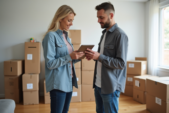 Couple organisant leur déménagement dans un salon moderne