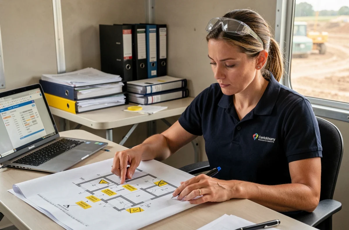 Diagnosticienne immobilière analysant un plan technique annoté pour un rapport de diagnostic amiante dans un bureau de chantier