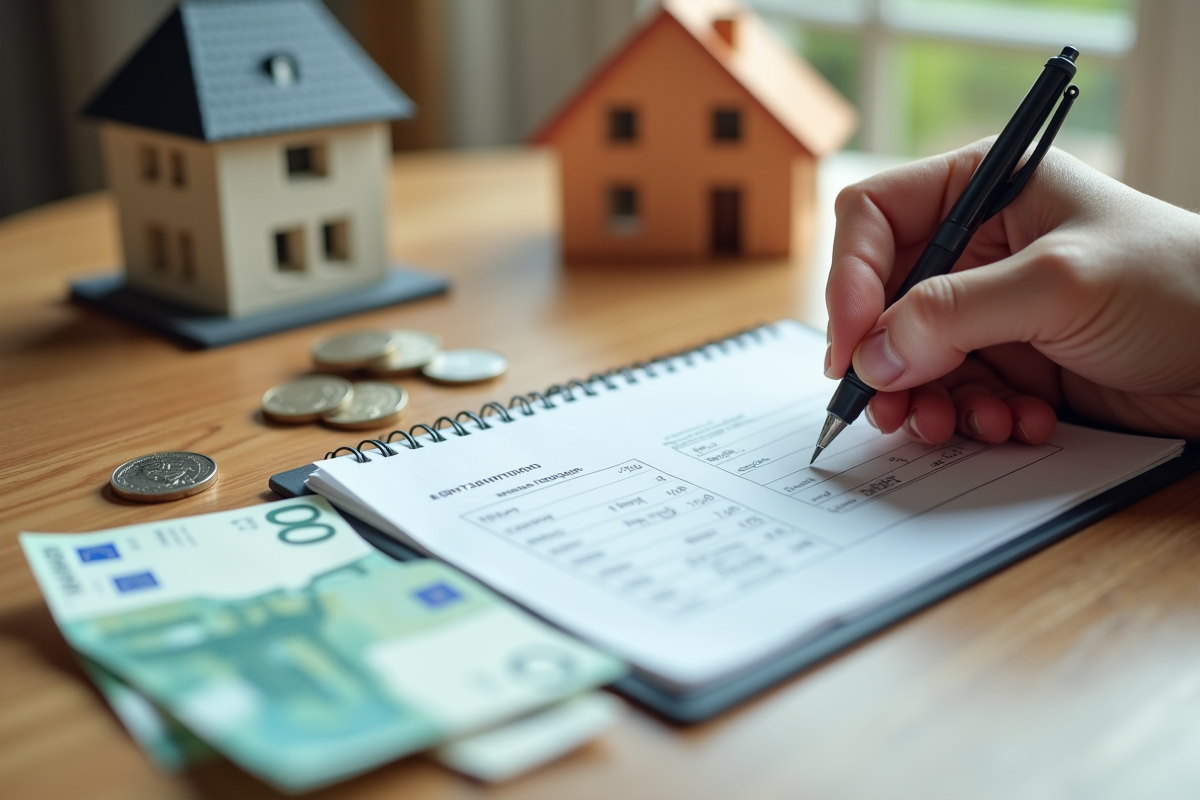 Main écrivant dépenses de déménagement avec argent et maison miniature