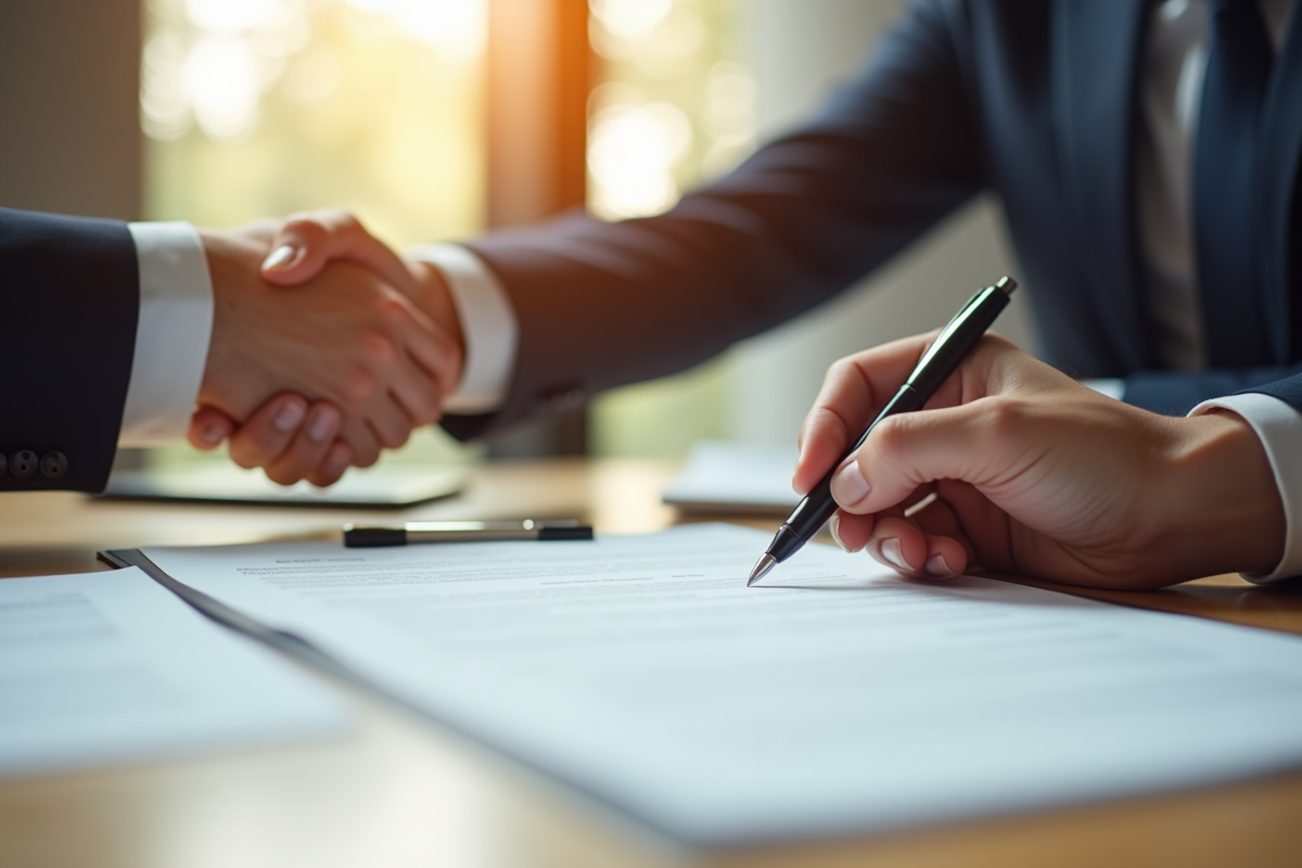 Deux mains échangeant une plume sur un contrat dans un cadre professionnel