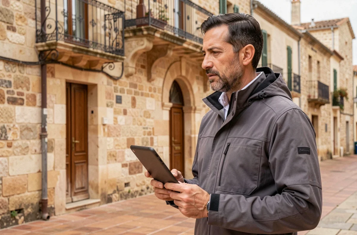 Spécialiste énergie d'EEG avec tablette d'audit devant une bâtisse historique en pierre à Pézenas