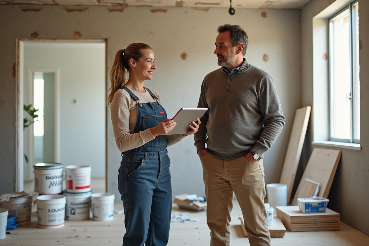 Entrepreneur en travaux discutant avec un propriétaire