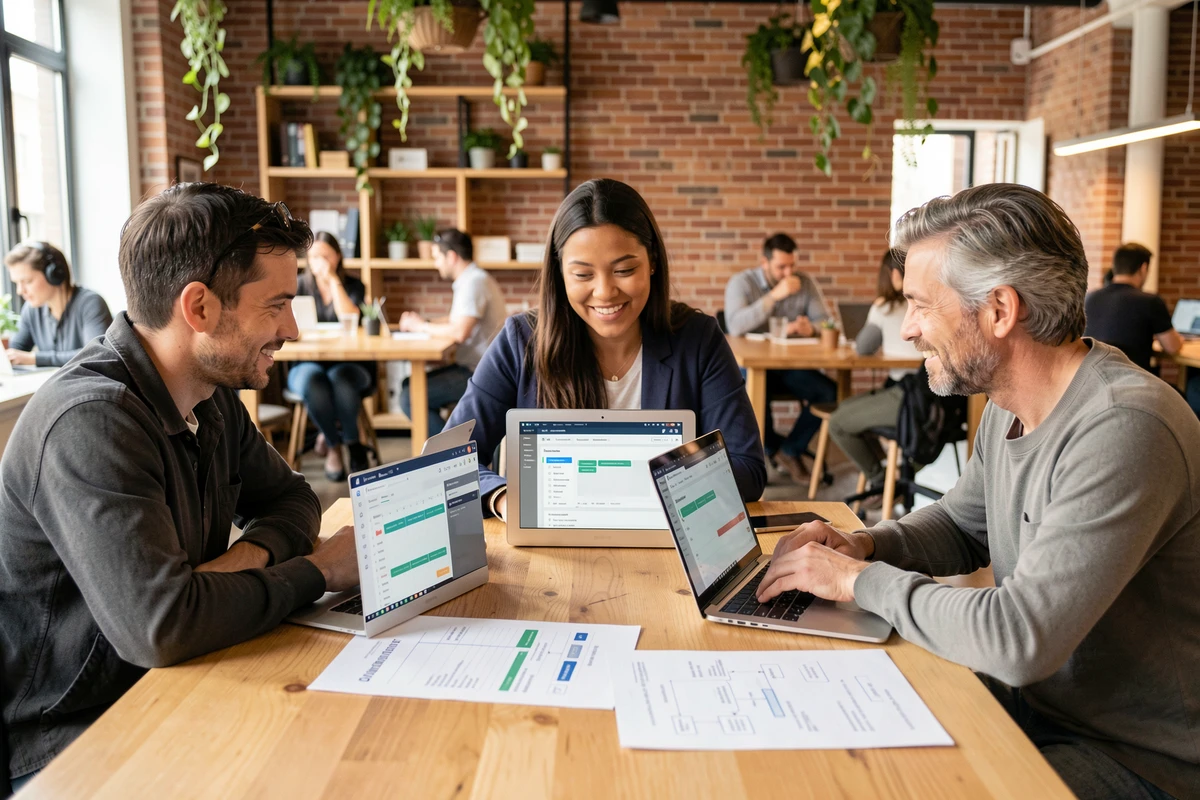 Équipe de gestionnaires collaborant autour de laptops avec des interfaces de gestion de workflows en espace coworking