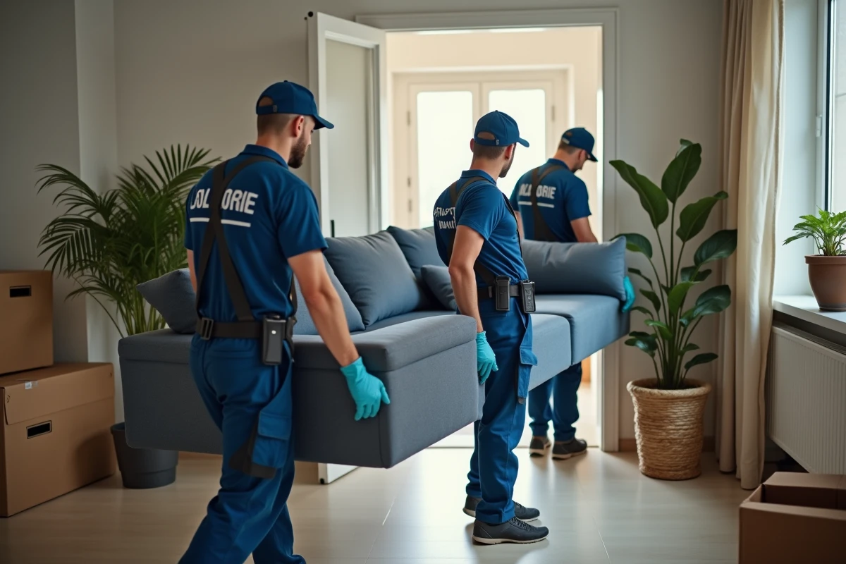 Equipe de déménageurs professionnels portant un canapé