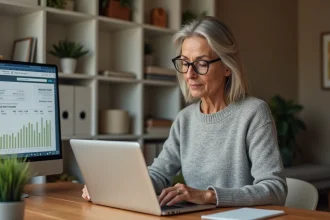 Femme consultant un outil d'estimation immobilière en ligne sur son ordinateur portable dans un bureau à domicile