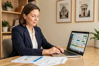 Femme professionnelle estimant le prix d'un bien immobilier sur un outil en ligne depuis son bureau à domicile