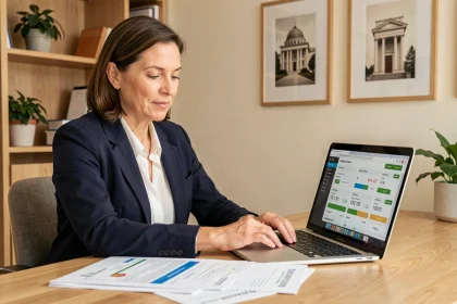 Femme professionnelle estimant le prix d'un bien immobilier sur un outil en ligne depuis son bureau à domicile