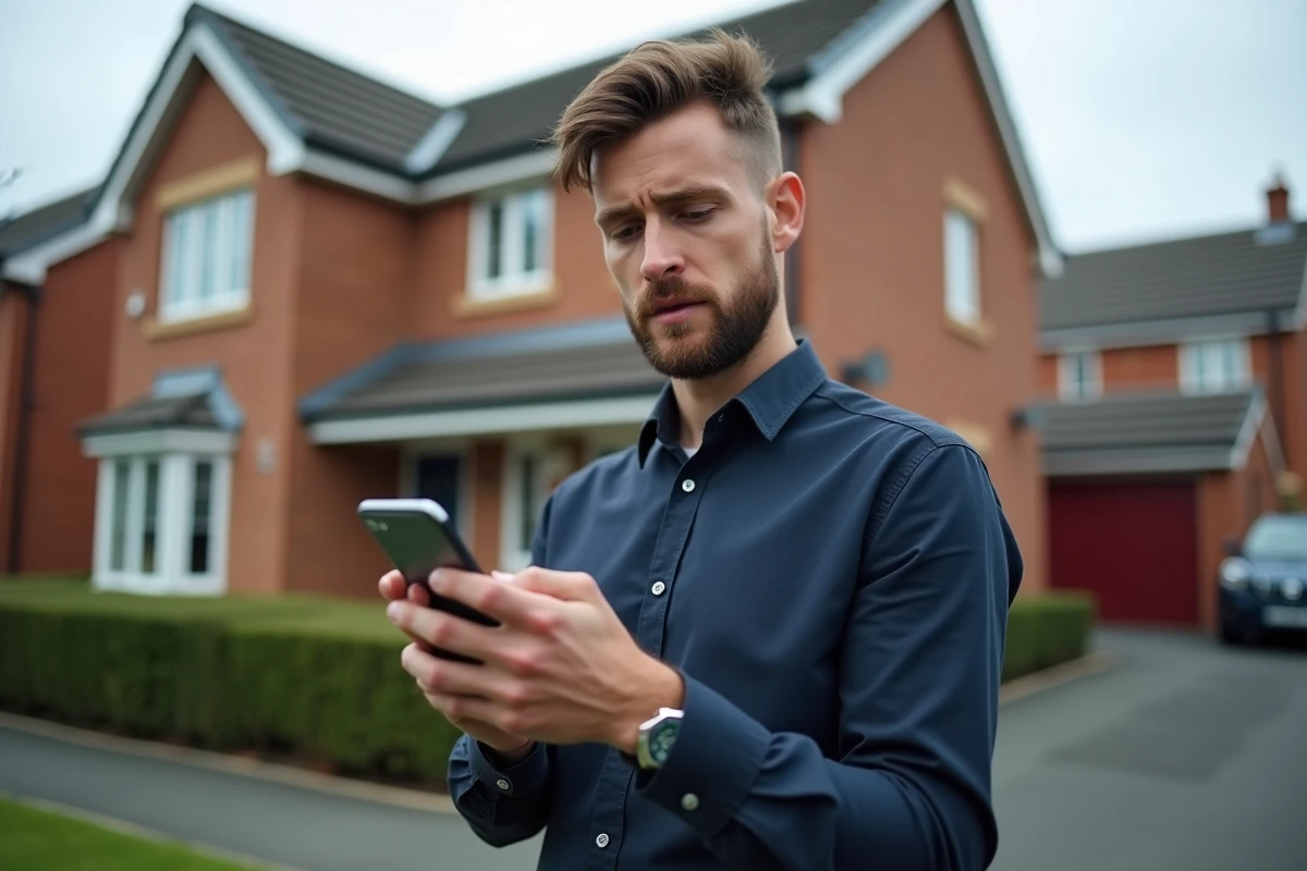 Homme devant sa maison consultant une estimation immobilière en ligne sur smartphone