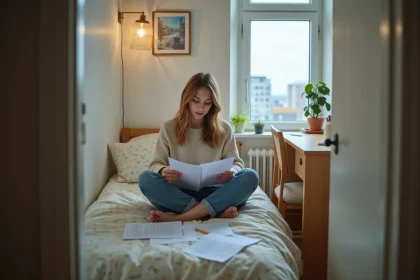 Jeune étudiante en chambre universitaire compacte et fonctionnelle