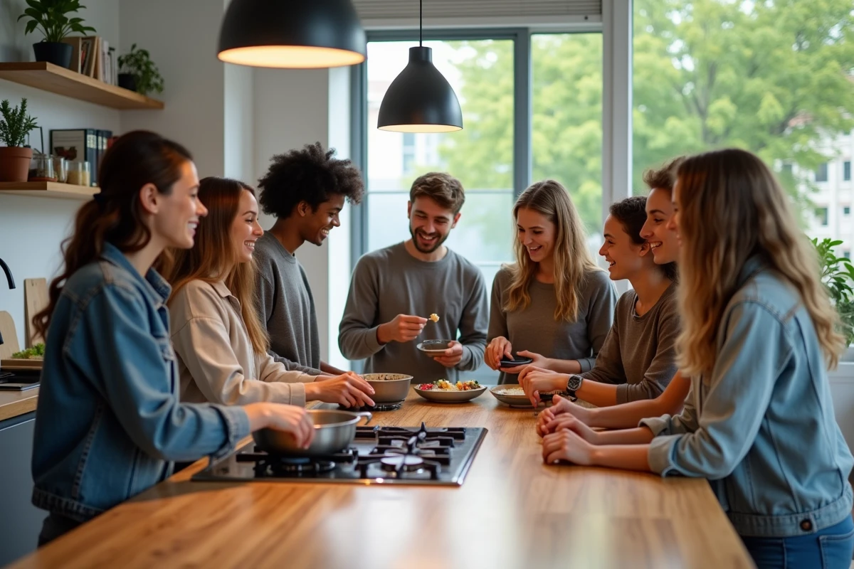 Groupe d'étudiants divers cuisinant ensemble dans une cuisine moderne